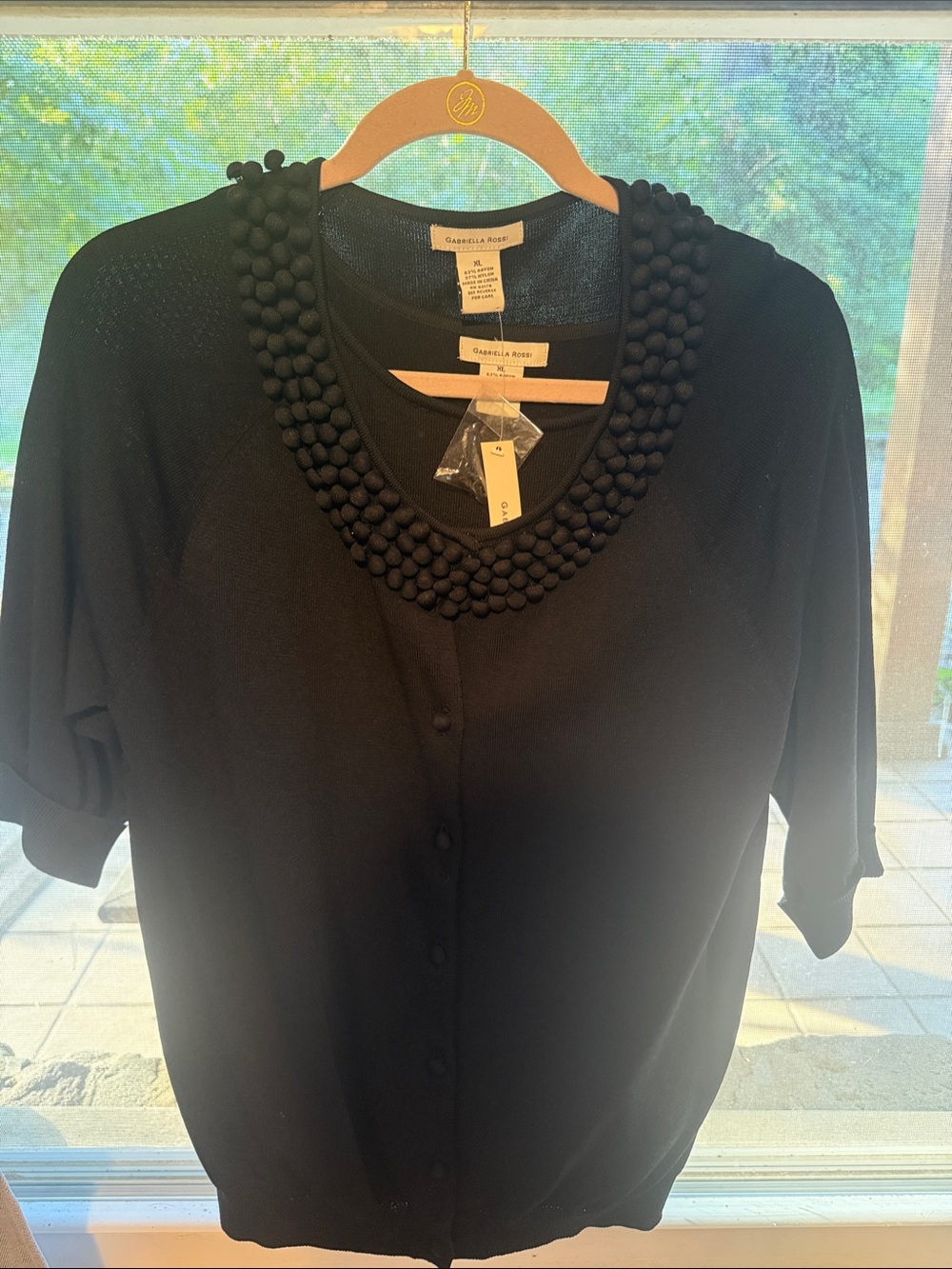 Gabriella Rocha Black Short-Sleeve Button-Front Top with Bubble Beaded Collar